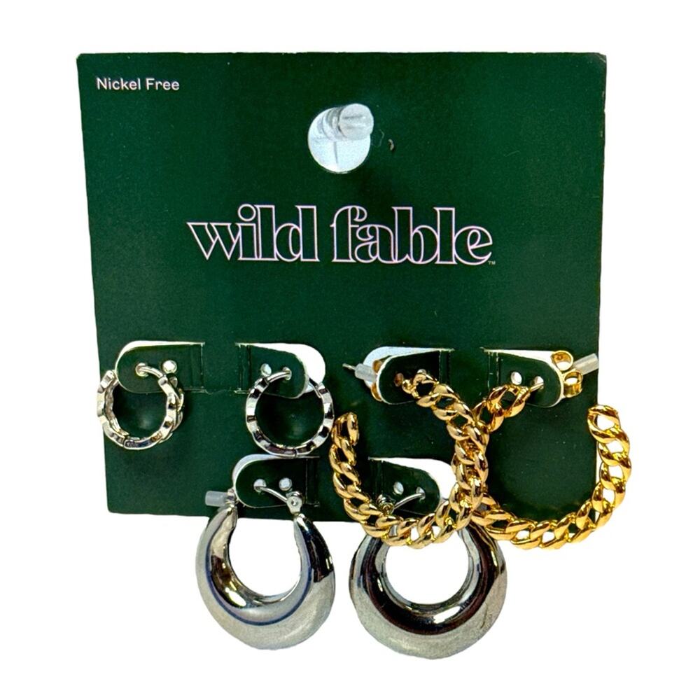 Wild Fable 3 Pair Gold Silver Hoop Earrings Textured Mixed Set NWT